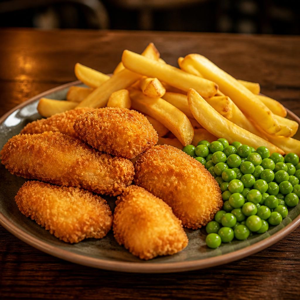Scampi, chips and garden peas