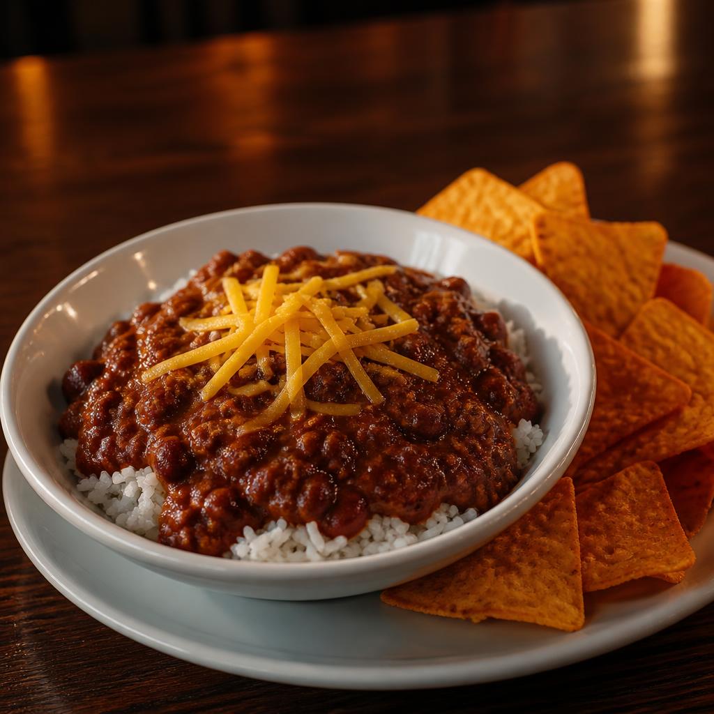 Chilli with rice and Doritos